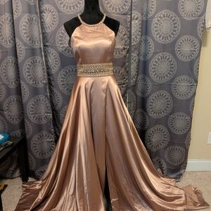 Sherri Hill Rose Gold Beaded Halter Maxi Gown